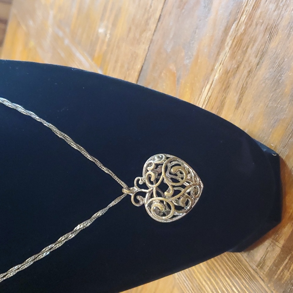 Silver Tone Heart Necklace Filigree